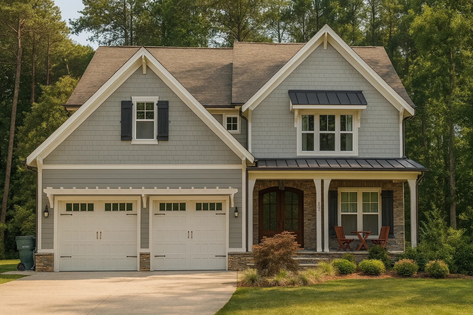 Front elevation of a New American Craftsman style home with horizontal siding, stone accents, twin garages, and covered porch