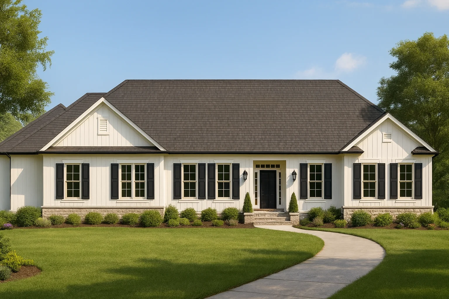 Affordable House Plans 8 Front view of a Modern Farmhouse Ranch style home featuring white board and batten siding, black shutters, and a stone wainscot base for timeless curb appeal