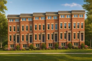 Front elevation of Georgian Neoclassical style multi-unit townhome featuring full brick exterior, tall windows, and symmetrical design details