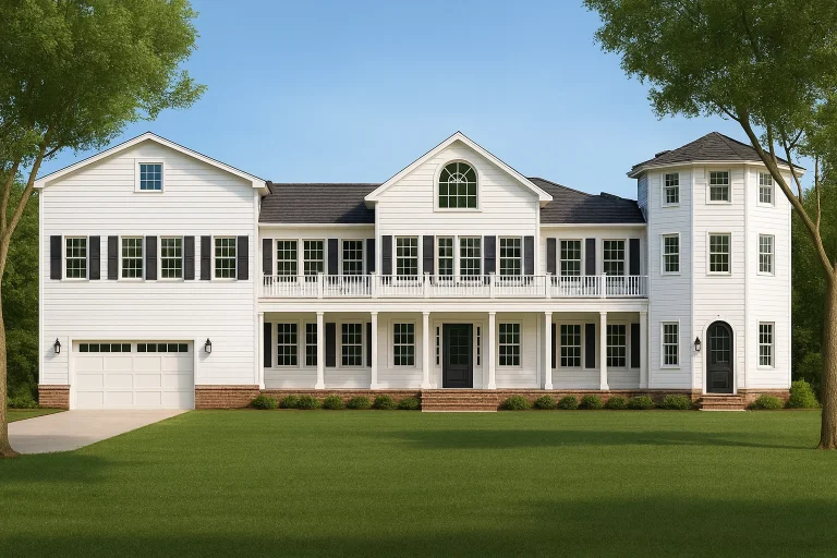 Front elevation of Colonial Revival style home with white horizontal lap siding, symmetrical facade, shutters, and multi-pane windows