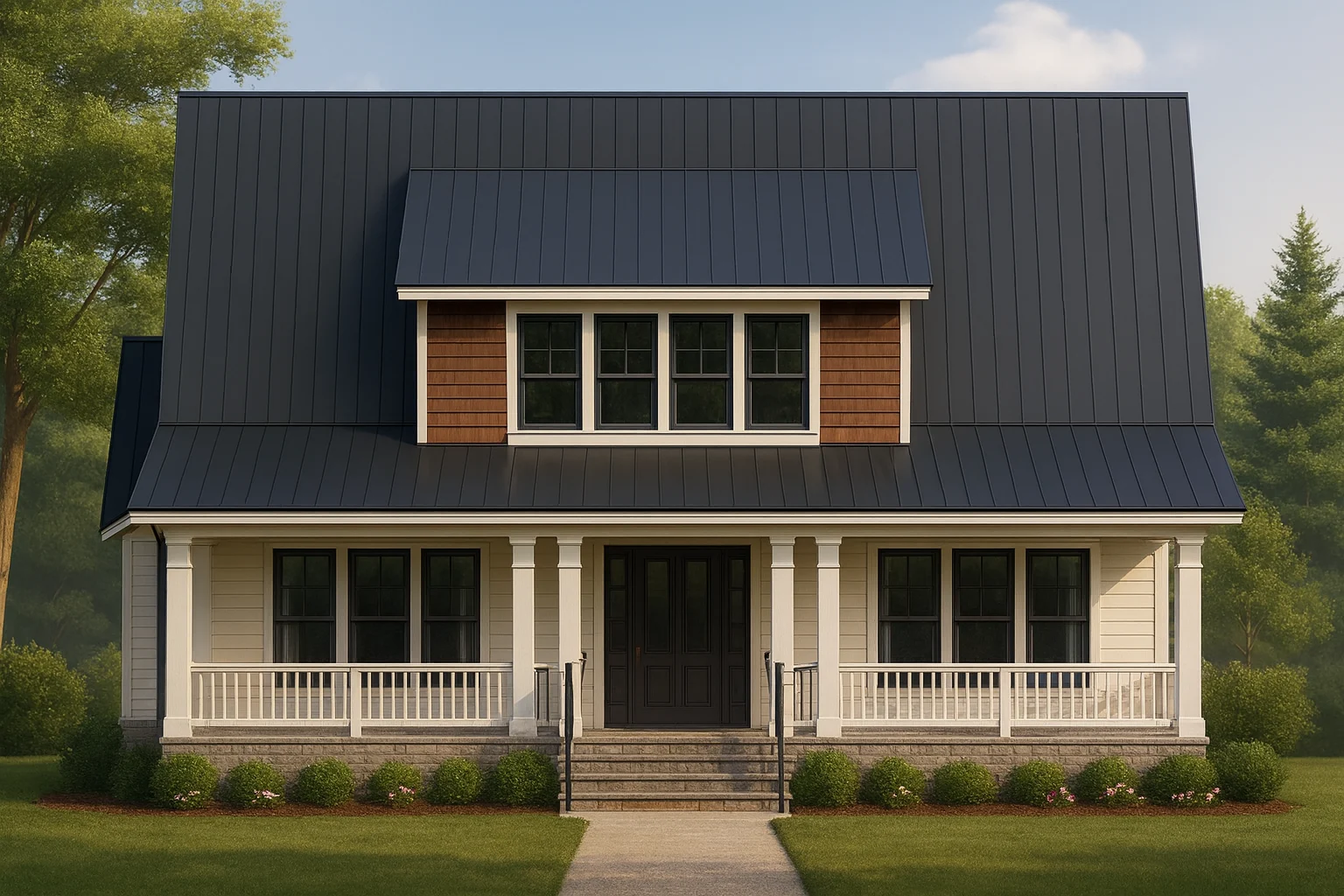 Front elevation of a modern farmhouse style home with board and batten siding, black standing seam metal roof, symmetrical porch, and dormer windows