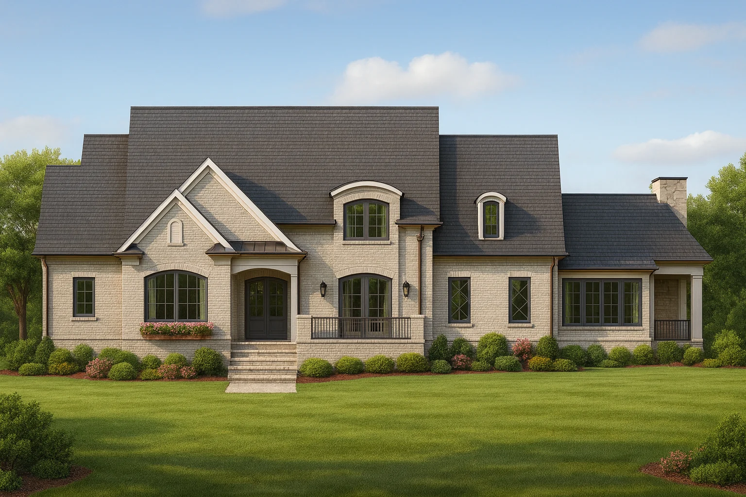 Front elevation of a New American style home featuring brick and stone exterior, symmetrical façade, gabled rooflines, and classic traditional detailing