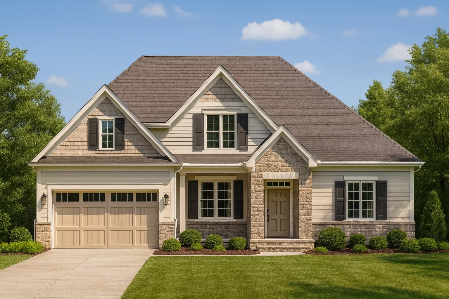 Front elevation of a New American modern traditional house with stone accents, horizontal siding, gabled rooflines, and an attached two-car garage