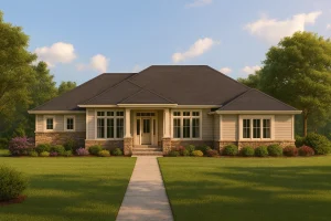 Front elevation of a Traditional Ranch style home featuring horizontal lap siding, stone wainscoting, and a covered entry porch with columns