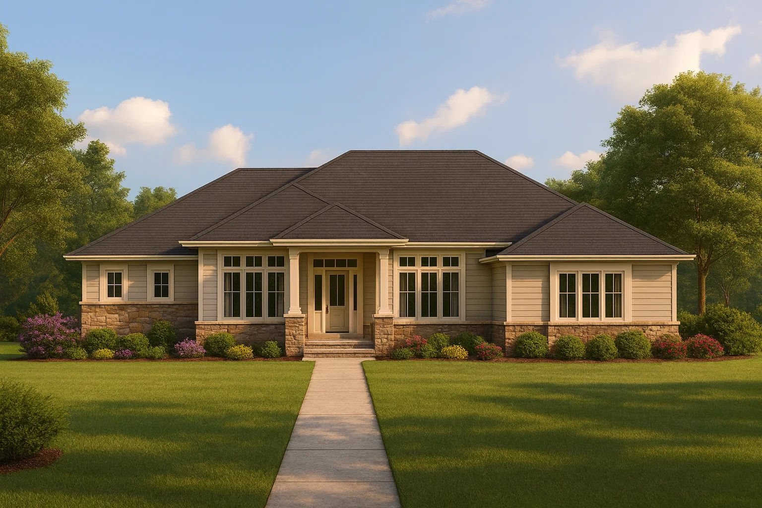 Front elevation of a Traditional Ranch style home featuring horizontal lap siding, stone wainscoting, and a covered entry porch with columns