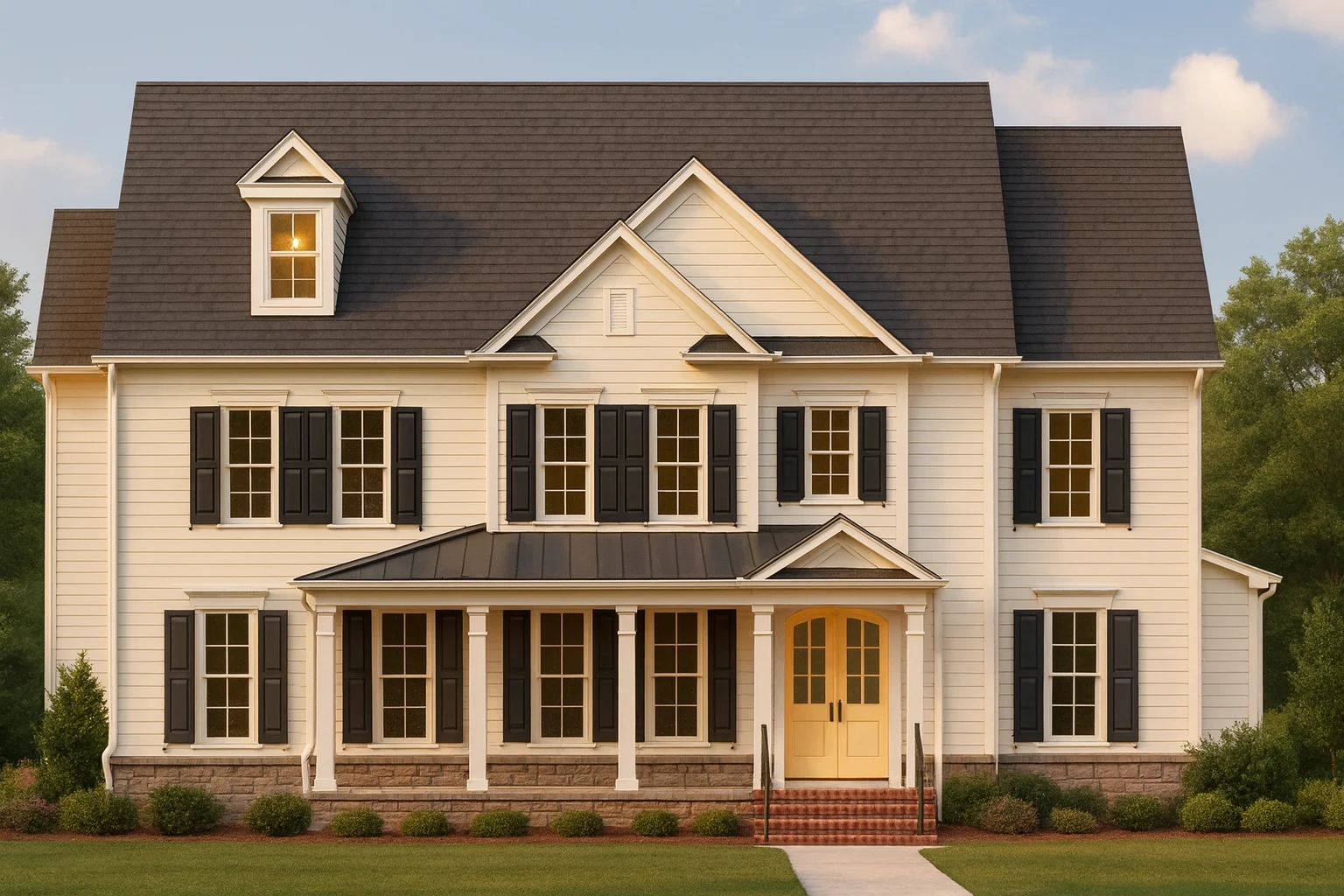 Front view of a Traditional Colonial style home with horizontal lap siding, brick foundation, black shutters, and covered front porch