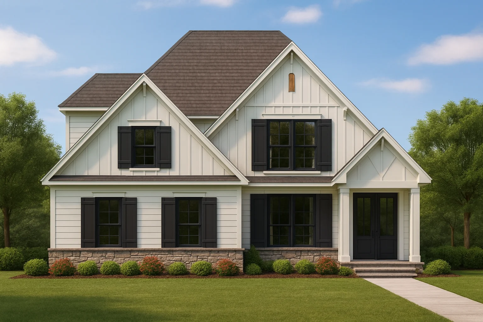 Front view of Modern Farmhouse style home featuring board and batten siding, stone base, dark window trim, and symmetrical gable roof design