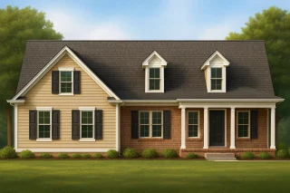 4 Bedroom House Plans 11 Front view of a Cape Cod style home featuring brick and horizontal siding, dormer windows, and a welcoming covered porch entry