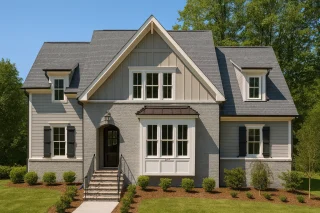 Front view of Modern Farmhouse style home featuring brick and board and batten exterior, gabled roofline, and symmetrical windows