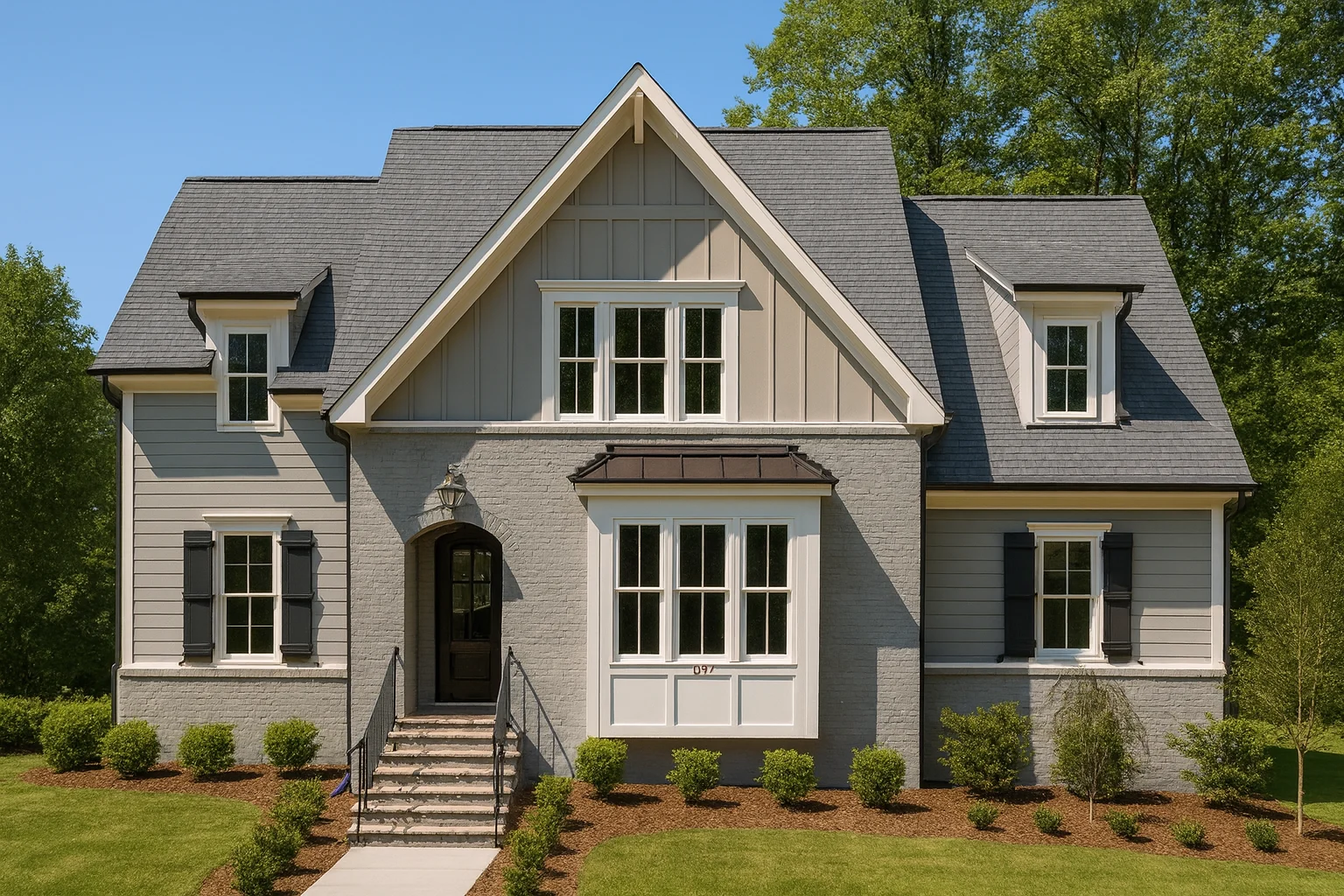 Affordable House Plans 1 Front view of Modern Farmhouse style home featuring brick and board and batten exterior, gabled roofline, and symmetrical windows