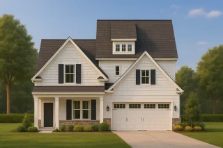 Front elevation of a Modern Farmhouse style home featuring white siding, dark shutters, shingle accents, and stone wainscoting with a two-car garage