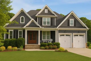 Front view of a Shingle Style Craftsman home with dark shingle siding, white trim, stone accents, and a two-car garage