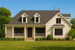 Front view of a Cape Cod home featuring horizontal siding, stone foundation accent, and inviting dormer windows