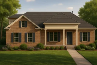 Front elevation of a Traditional Ranch style house featuring a full brick exterior, gabled rooflines, and subtle Colonial-inspired trim and shutters.