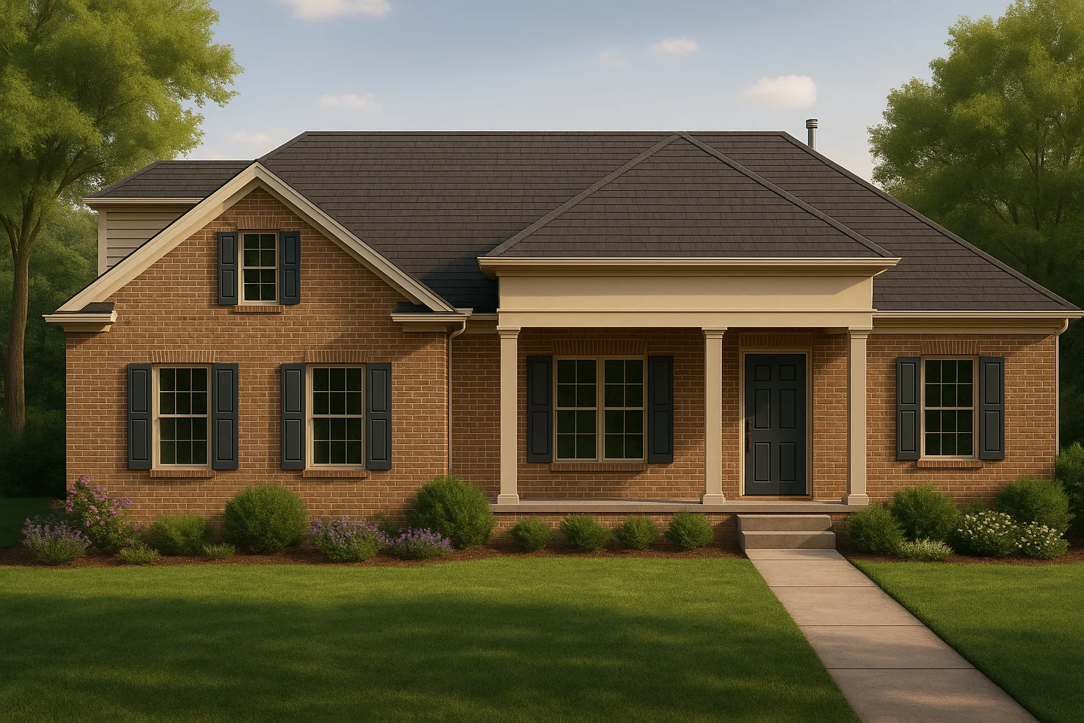 Front elevation of a Traditional Ranch style house featuring a full brick exterior, gabled rooflines, and subtle Colonial-inspired trim and shutters.