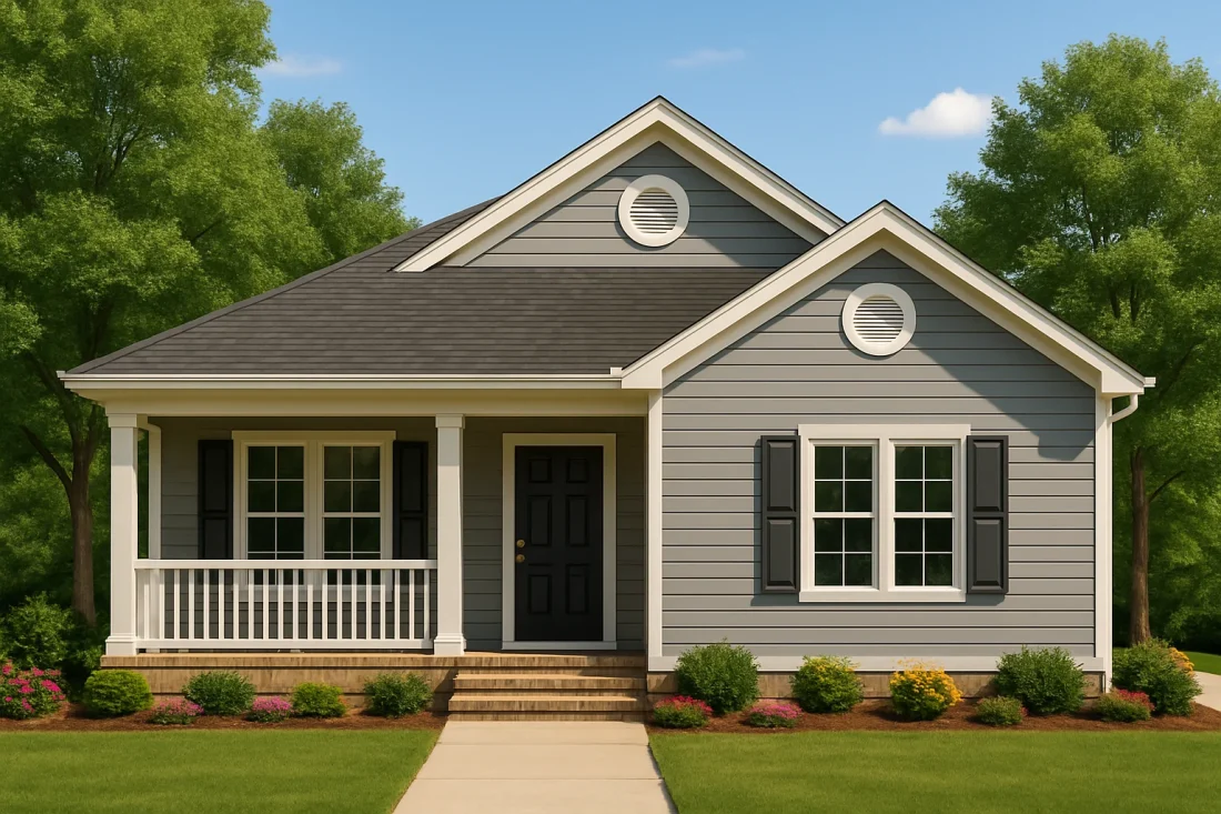 Front view of a Traditional Ranch Cottage home with gray lap siding, black shutters, and covered front porch with white columns