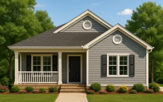 Front view of a Traditional Ranch Cottage home with gray lap siding, black shutters, and covered front porch with white columns