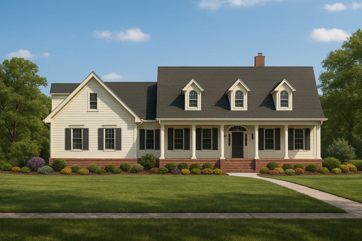 Front view of a Traditional Colonial Cape Cod style house featuring white horizontal siding, black shutters, brick foundation, and a welcoming front porch with dormers.