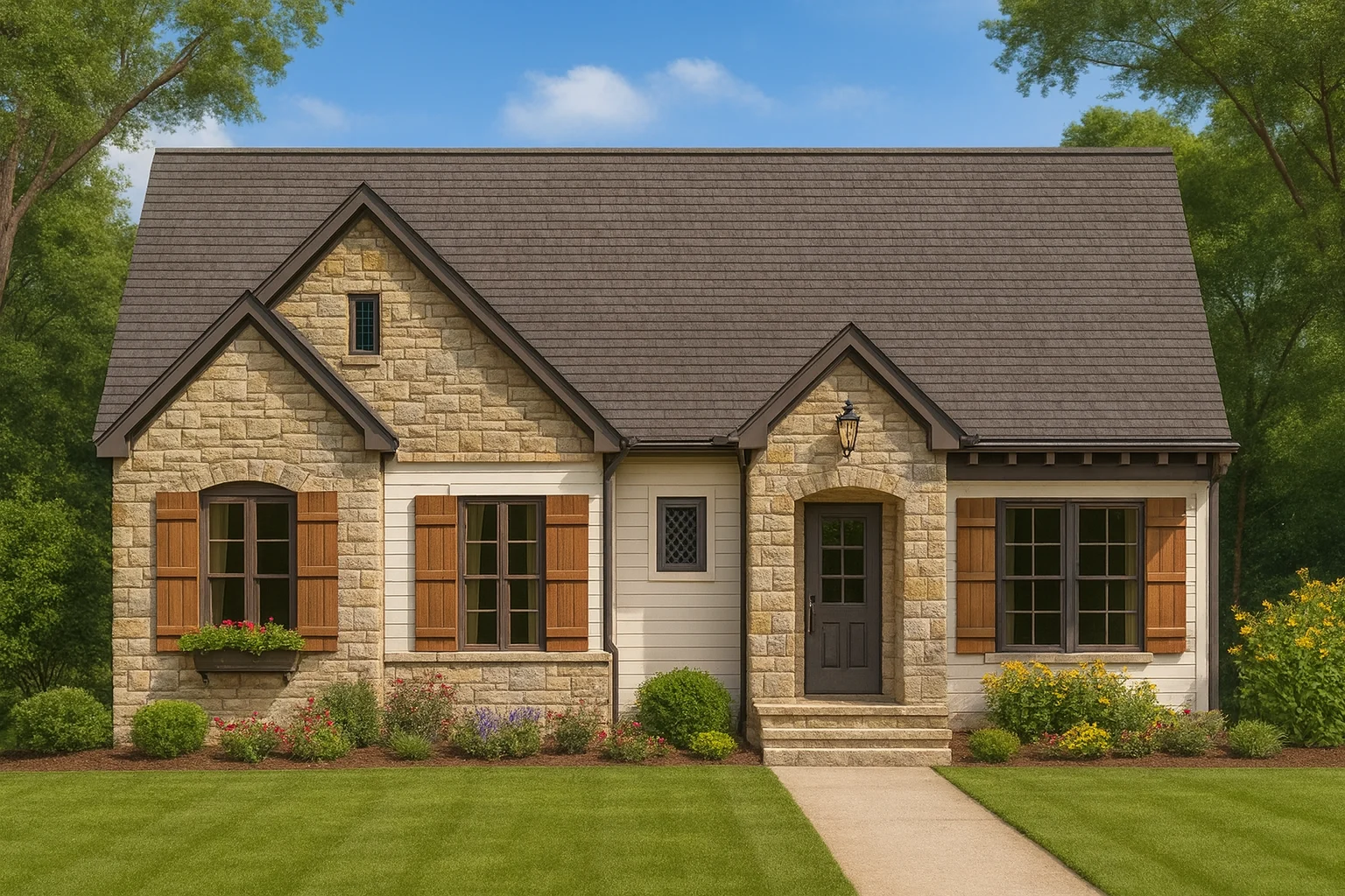 Front elevation of Cottage style house featuring stone and horizontal siding with wood shutters and a welcoming entryway