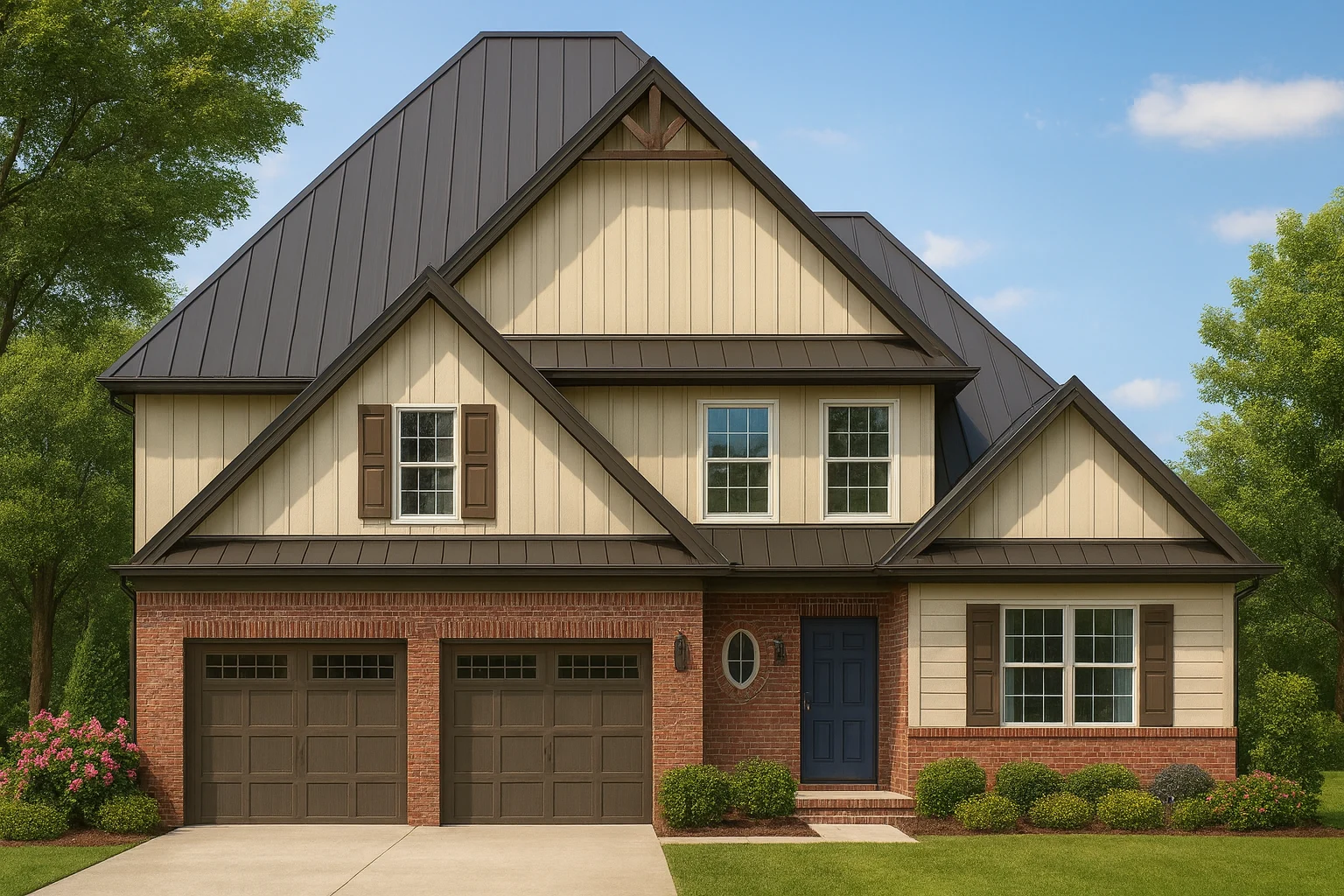 Front elevation of a Traditional Craftsman style home showcasing brick on the lower level, board and batten siding above, and a steep gable roof with clean architectural lines.