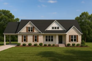 Front view of a Modern Farmhouse Ranch home featuring white brick, board and batten siding, black roof, and wood shutters for timeless curb appeal