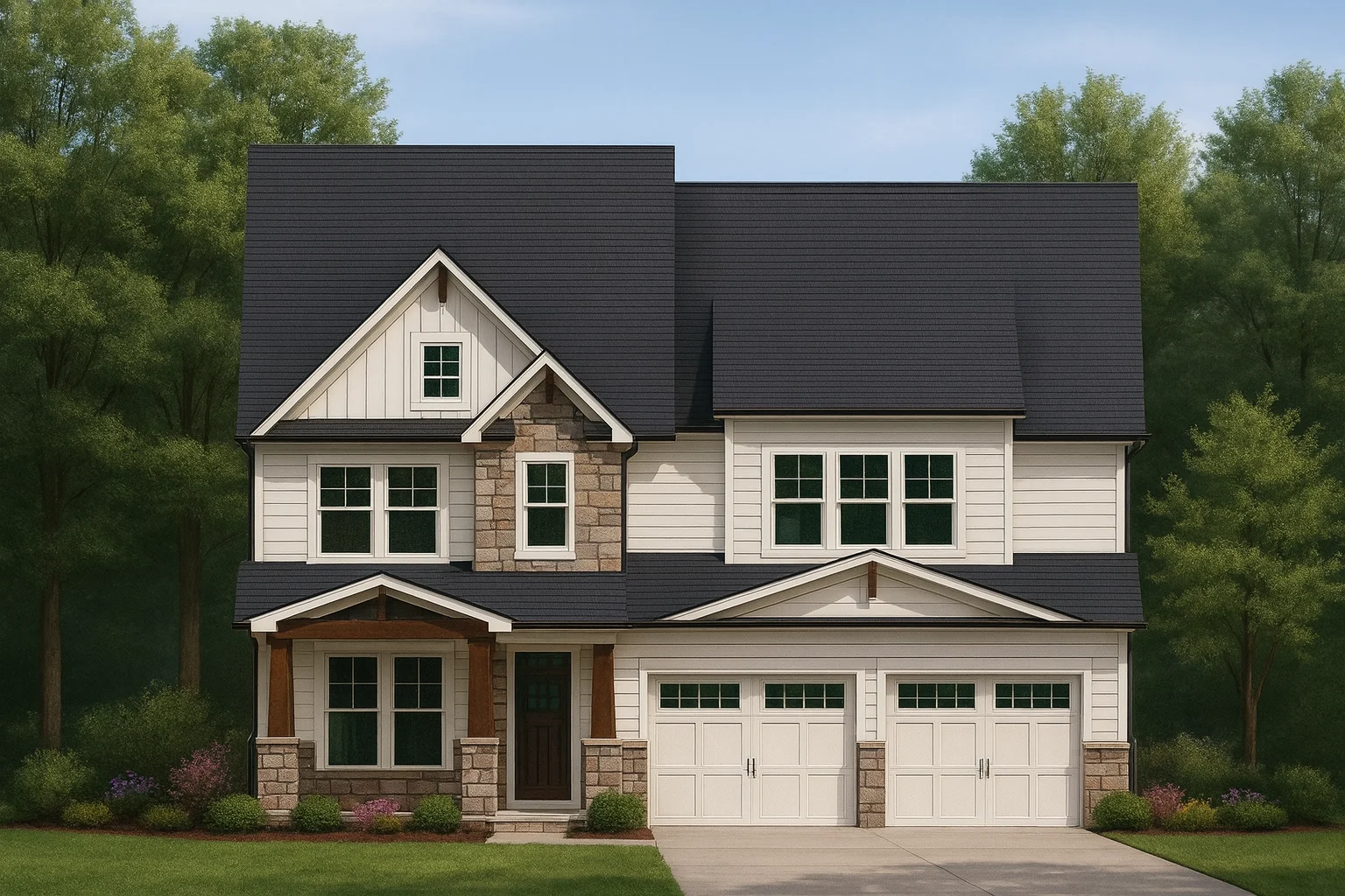 2 Bedroom House Plans 13 Front view of Modern Farmhouse Craftsman style house with board and batten siding, stone accents, and covered porch entry