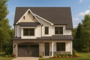 Front view of a Modern Farmhouse style home featuring white board and batten siding, stone detailing, and dark metal roof accents