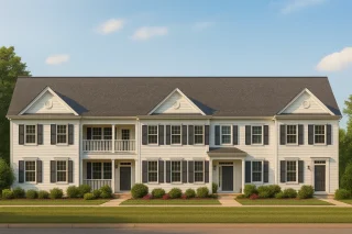 2b) Front view of a 5-unit Colonial Revival townhome featuring white horizontal siding, black shutters, and symmetrical dual porches