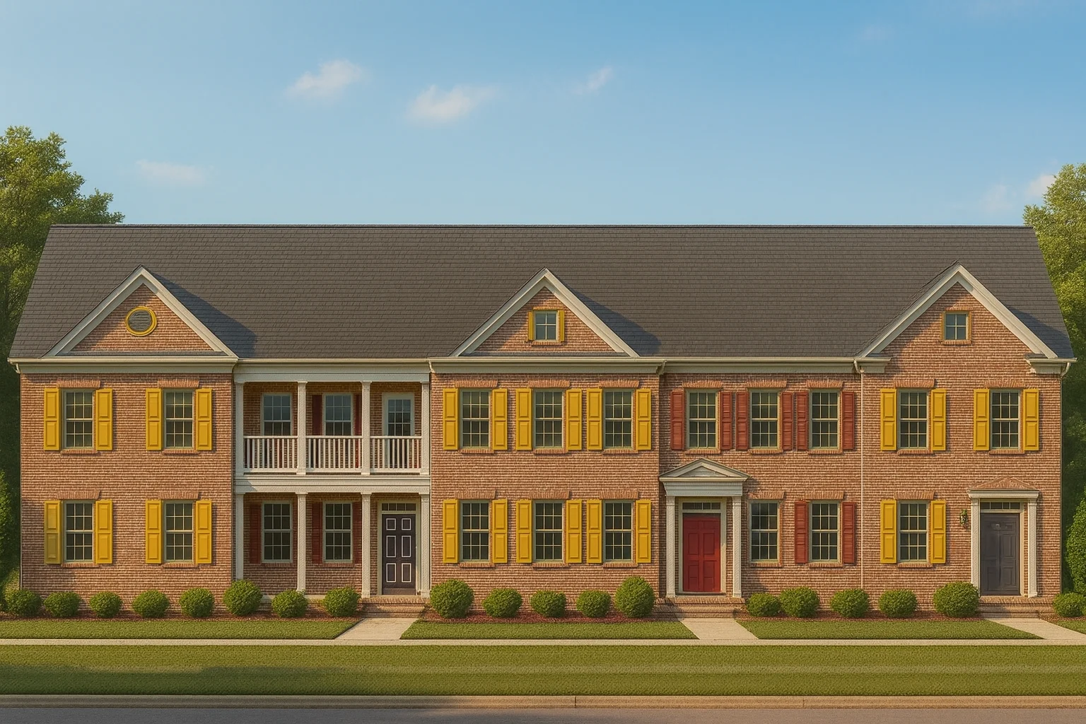 Front view of Georgian Colonial style brick townhome with symmetrical windows, colorful shutters, and classic entryways under a gabled roof
