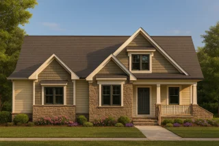 Front view of a Craftsman Traditional Cottage home showcasing stone accents, shingle and lap siding, and a welcoming covered front porch