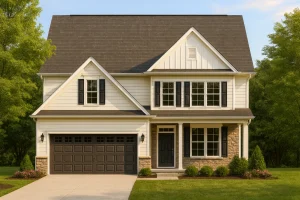 Front view of a Traditional New American style house featuring stone veneer accents, horizontal siding, board and batten detailing, and a welcoming front porch entry.