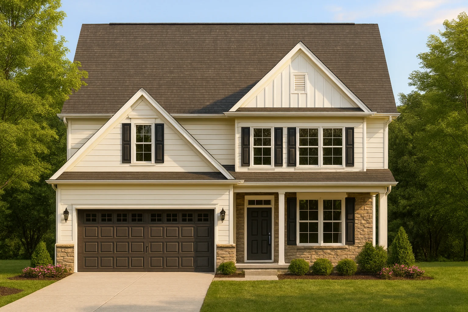 Front view of a Traditional New American style house featuring stone veneer accents, horizontal siding, board and batten detailing, and a welcoming front porch entry.