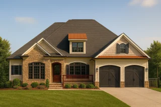 House Plans with Screened-In Porch 5 Front view of Traditional Craftsman home showcasing stone base, shingle and siding accents, and double front gables with covered porch