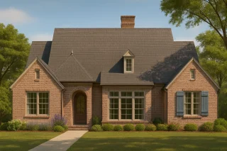 House Plans with Screened-In Porch 6 Front elevation of a Tudor Revival style home featuring brick exterior, steep gable roof, arched front entry, and charming dormer windows