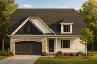 House Plans with Screened-In Porch 8 Front view of a Dutch Colonial style home featuring stone base, board-and-batten and horizontal siding, dark architectural roof, and classic symmetry