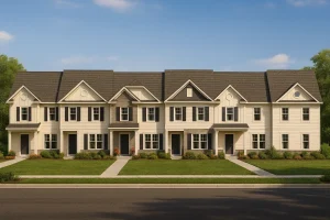 Front elevation view of a Traditional Colonial Revival townhouse row featuring symmetrical façades, board and batten, lap siding, and stone accents under gabled roofs