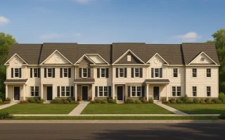 Front elevation view of a Traditional Colonial Revival townhouse row featuring symmetrical façades, board and batten, lap siding, and stone accents under gabled roofs