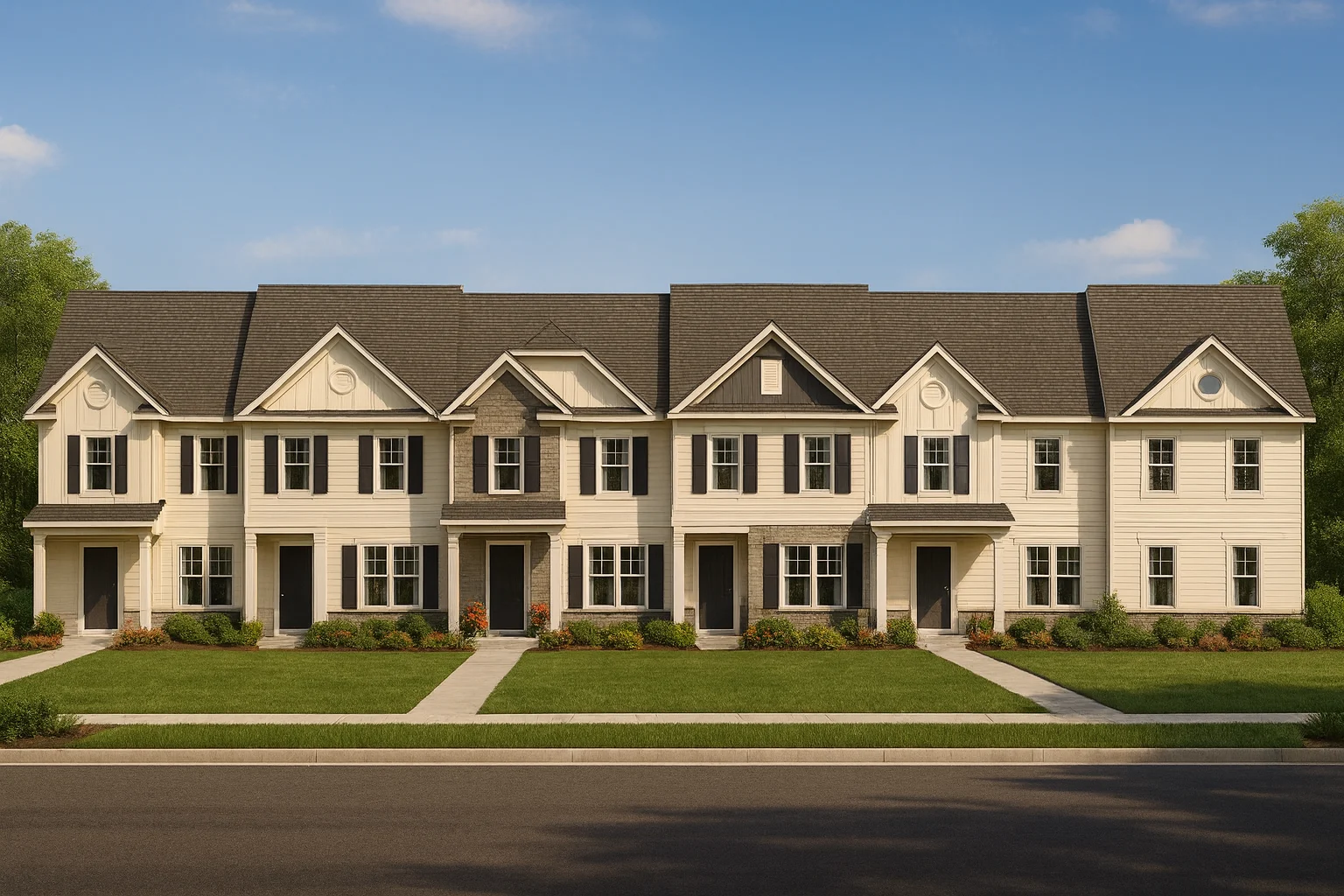 Front elevation view of a Traditional Colonial Revival townhouse row featuring symmetrical façades, board and batten, lap siding, and stone accents under gabled roofs