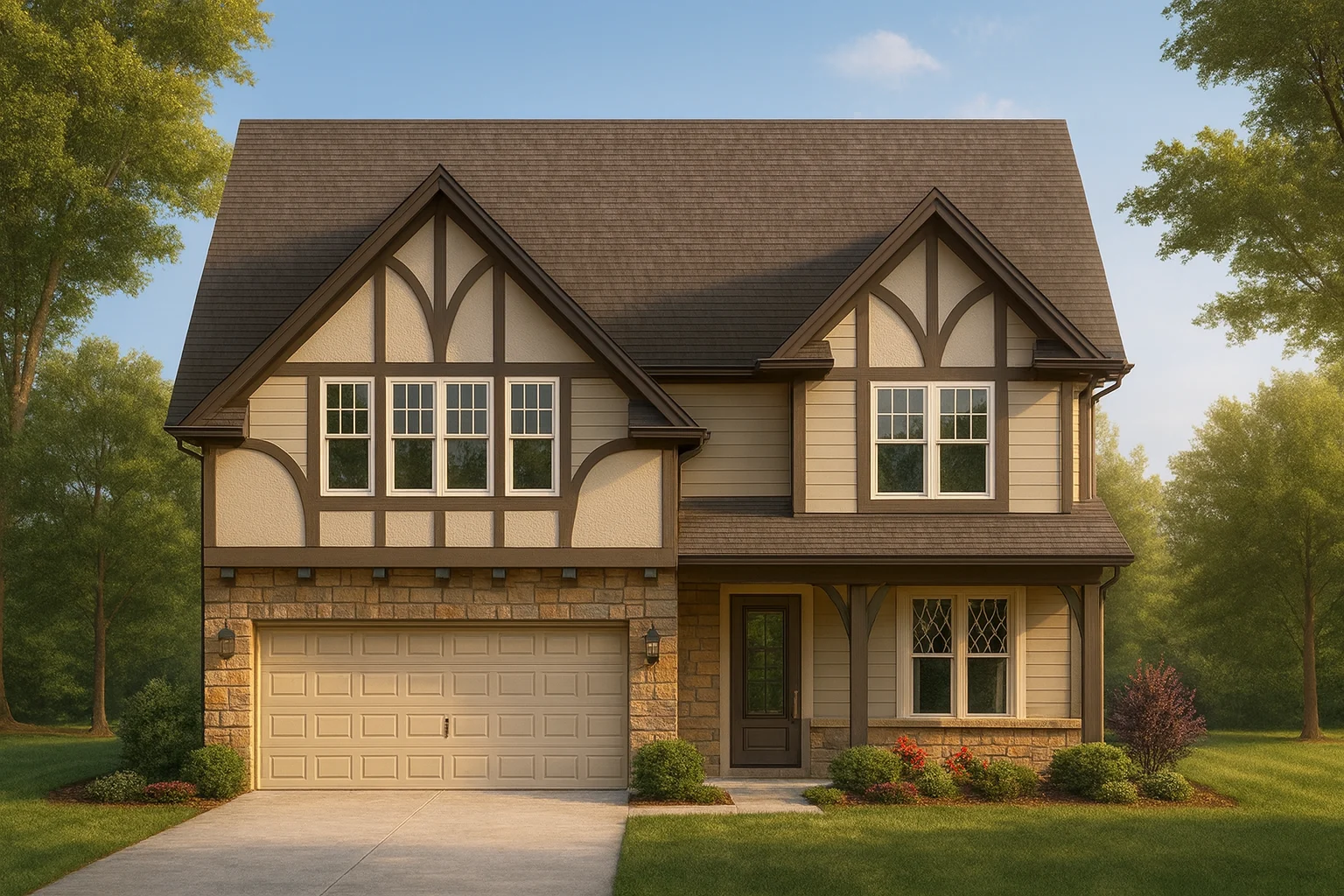 Front view of a Tudor Revival style home featuring stone base, horizontal siding, stucco panels, and decorative half-timbering for classic charm