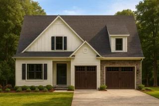 Front elevation of a Modern Farmhouse style home featuring board and batten siding, horizontal lap siding, stone accents, and a two-car garage with dark wood doors
