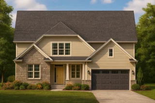 House Plans with Screened-In Porch 7 Front view of a Traditional Colonial Craftsman style house featuring stone and horizontal siding, gabled rooflines, and a welcoming front porch entry