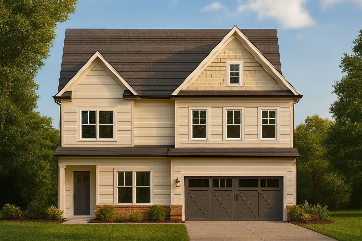 Front elevation of a Modern Farmhouse style two-story home featuring horizontal siding, board and batten detailing, and brick accents with double garage and gable rooflines