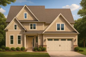 Front view of a Traditional Craftsman style house featuring horizontal siding, shingle accents, and brick wainscoting under a steep gable roof