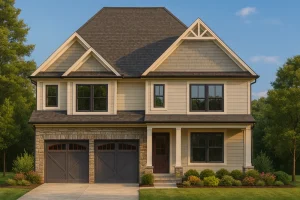 Front elevation of a Traditional two-story home featuring stone and horizontal siding exterior, black-framed windows, and double front-entry garage