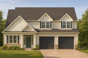 Front view of a Traditional Colonial style home featuring horizontal lap siding, stone accents, symmetrical windows, and a two-car garage