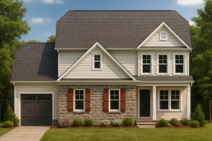 Front elevation of a Traditional Colonial style house featuring stone and horizontal siding, wood shutters, and symmetrical windows for classic curb appeal