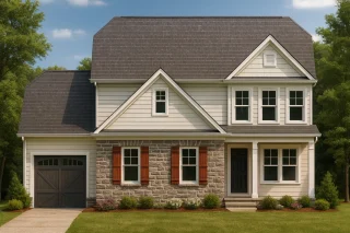 House Plans with Screened-In Porch 15 Front elevation of a Traditional Colonial style house featuring stone and horizontal siding, wood shutters, and symmetrical windows for classic curb appeal