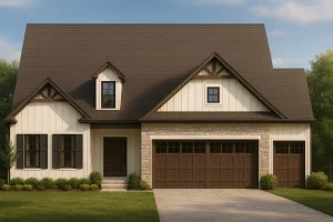 Front view of a Modern Farmhouse featuring board and batten siding, stone accents, and dark trim details with a three-car garage and steep gabled rooflines