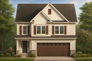 Front elevation of a Traditional Colonial style home featuring lap siding, stone accents, and symmetrical window design with brown shutters