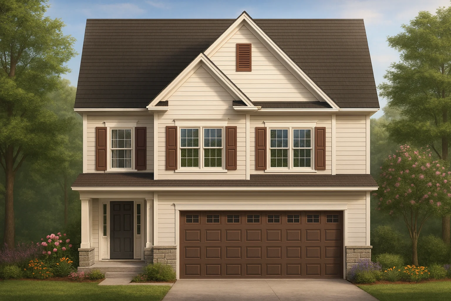 Front elevation of a Traditional Colonial style home featuring lap siding, stone accents, and symmetrical window design with brown shutters